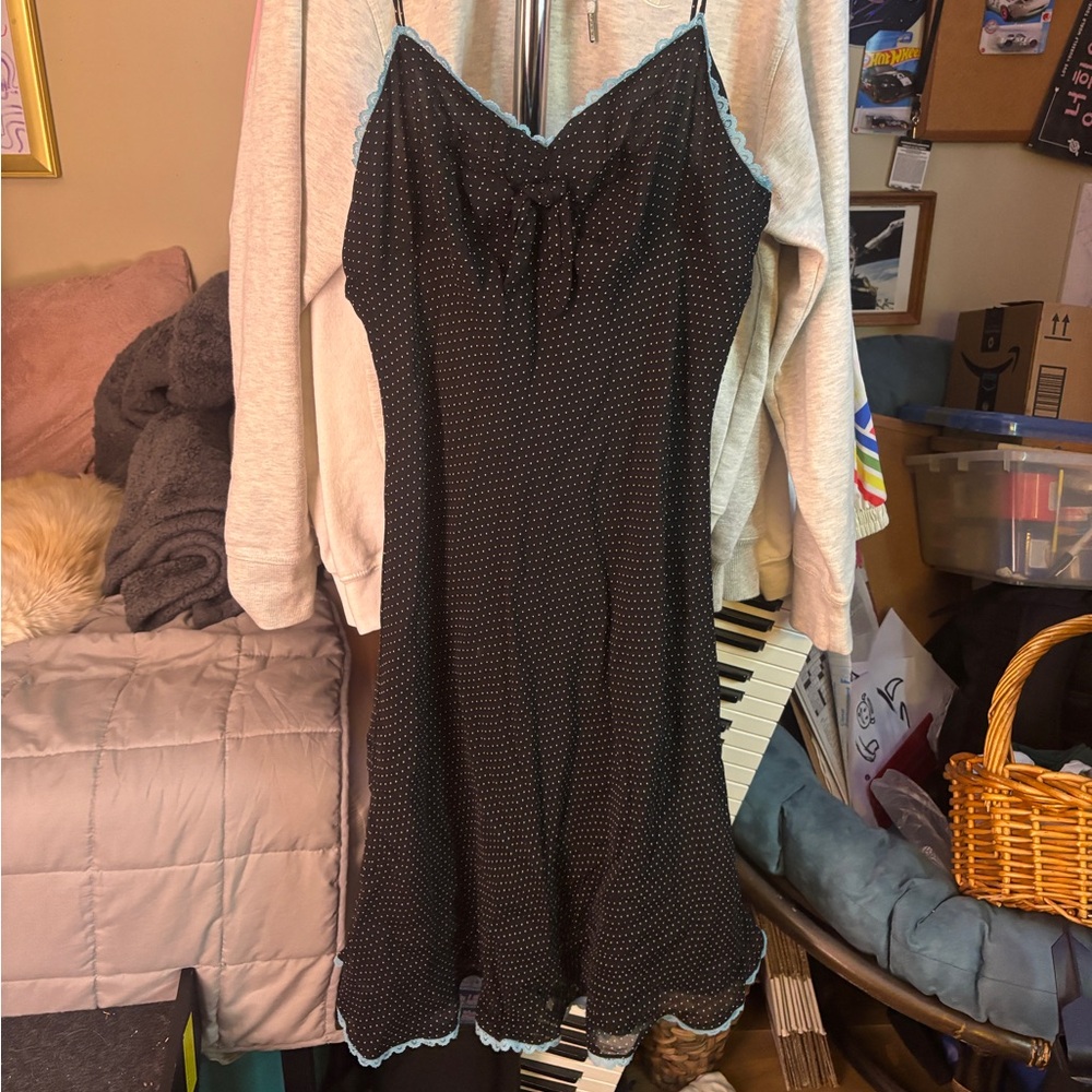 Black Slip Dress with Blue Lace Trim